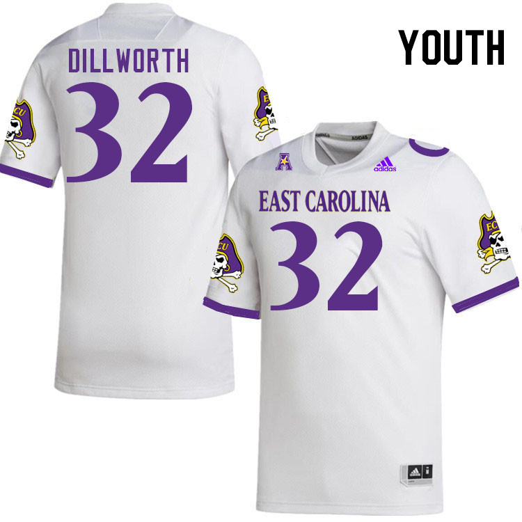 Youth #32 RaRa Dillworth ECU Pirates 2023 College Football Jerseys Stitched-White - Click Image to Close